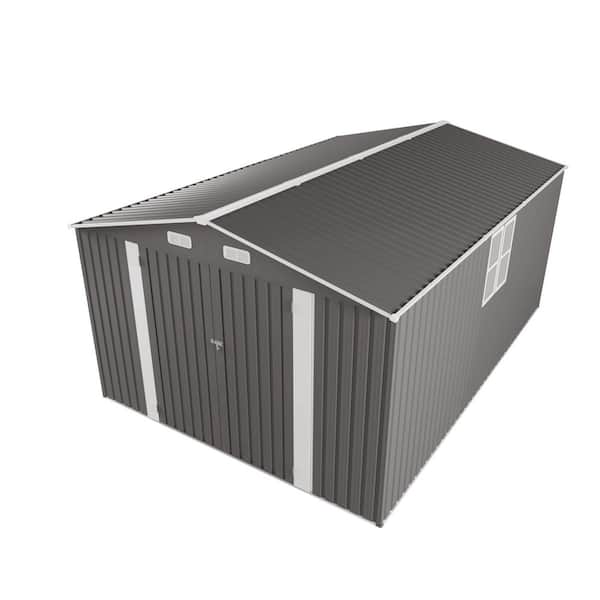 10 ft. W x 14 ft. D Gray Metal Shed with Three Lockable Door, Air Vent, Two Window (140 sq. ft. )