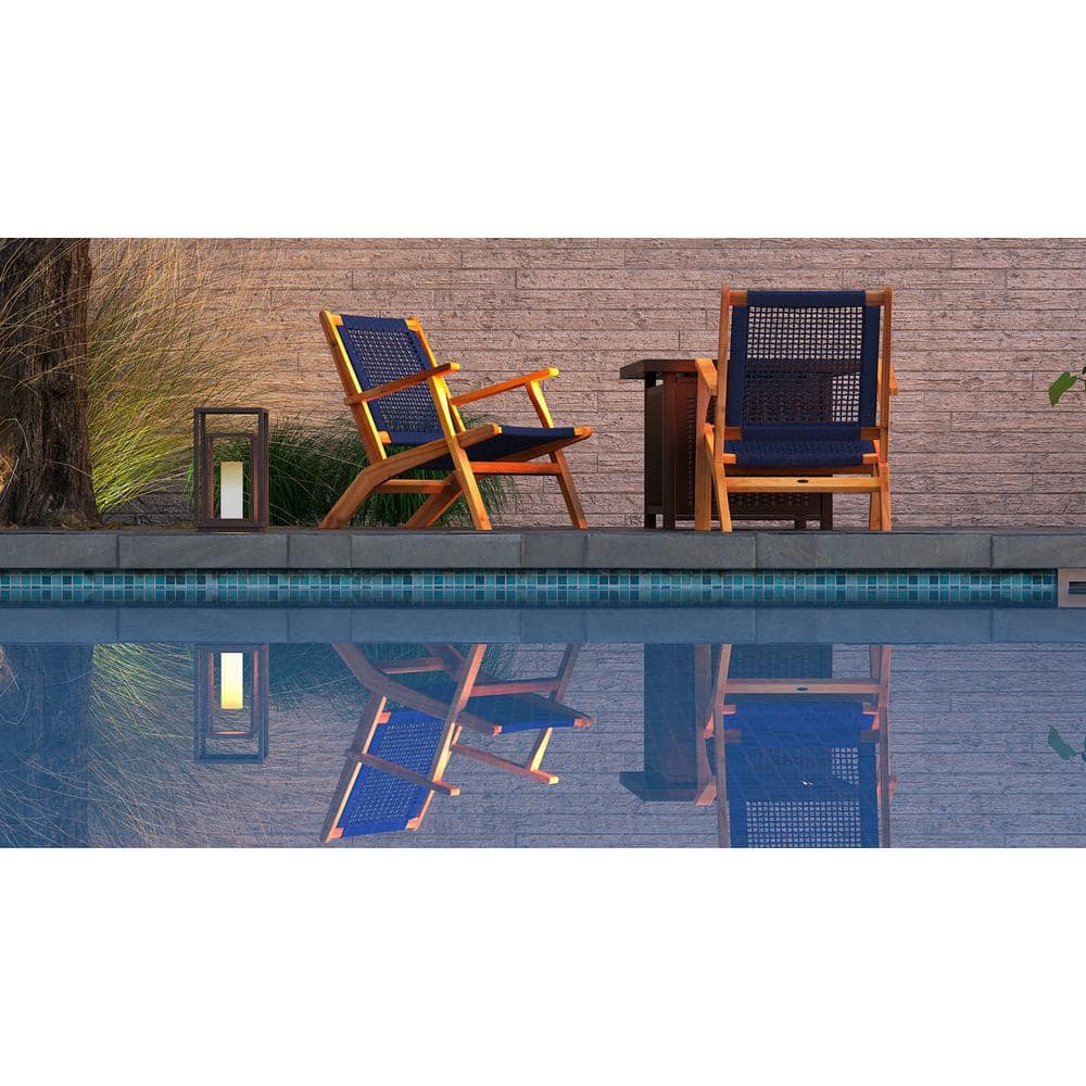 Vega Midcentury Natural Acacia Wood Outdoor Chair with Navy Blue Cording