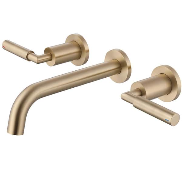 Double Handle Wall Mounted Bathroom Sink Faucet with Pop-Up Drain Assembly in Brushed Gold