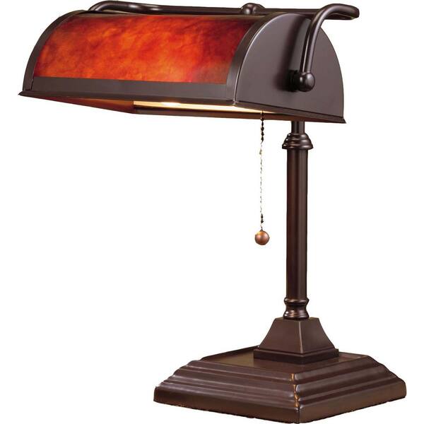 Normande Lighting 14 in. Brown Bankers Lamp with Mica Shade