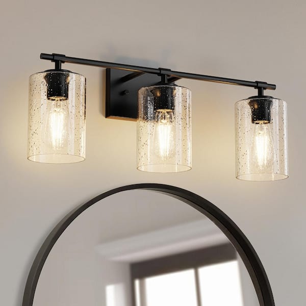 24 in. 3-Light Matte Black Vanity Light with Clear Glass Shade for Bathroom and No Bulbs Included