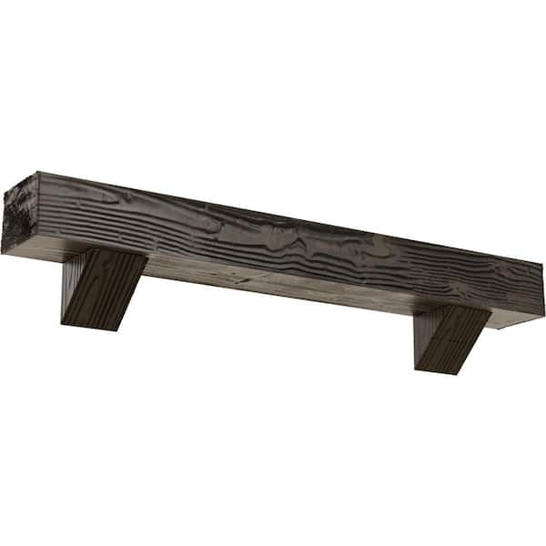 Ekena Millwork 4 in. x 4 in. x 4 ft. Sandblasted Faux Wood Fireplace Mantel Kit with Breckinridge Corbels, Burnished Honey Dew