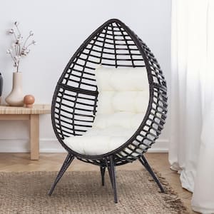 Brown Teardrop Shaped Plastic Rattan Wicker Outdoor Lounge Chair with White Cushion & Elegant Design