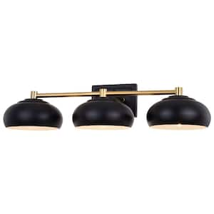 Belmont 27.5 in. W 3-Light Matte Black and Satin Brass Mid Century Modern Dome Bathroom Vanity Light Fixture