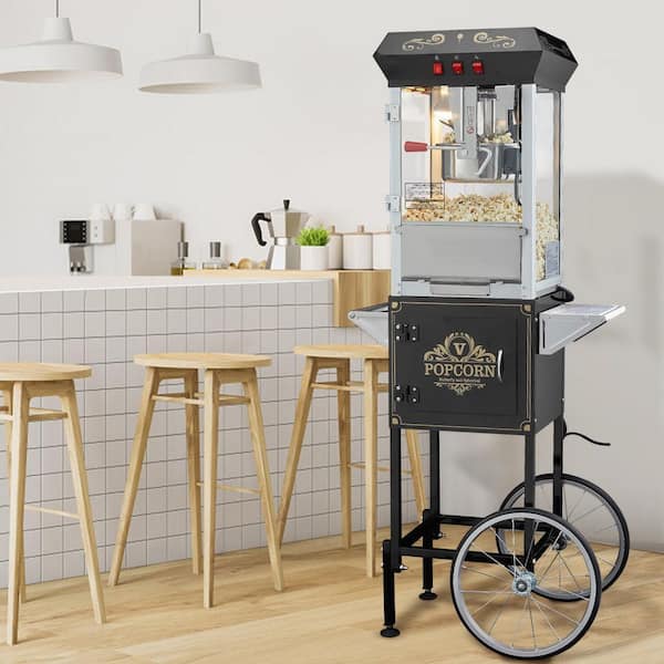 Popcorn Maker with Cart, 850 W Popcorn Popper Machine, 8 oz. Kettle Makes 48-Cups per Batch, Popcorn Machine, Black