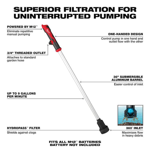 Milwaukee - M12 12-Volt Lithium-Ion Cordless 9 GPM 0 hp. Submersible Stick Water Transfer Pump with M12 High Output Starter Kit