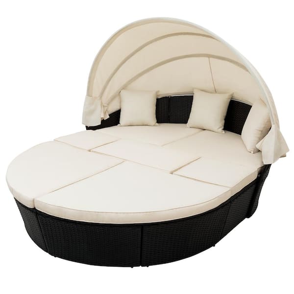 Tatayosi Black 6-Piece Wicker Round Outdoor Sunbed Sectional Sofa Set with Canopy and Beige Cushions
