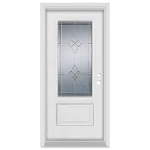 36 in. x 80 in. Geometric Left-Hand Brass Finished Fiberglass Mahogany Woodgrain Prehung Front Door