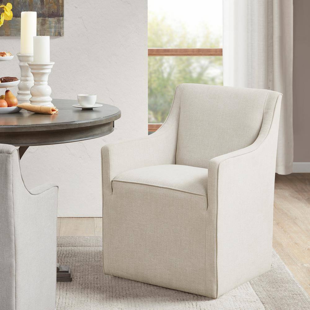 Cream Upholstered High Back Dining Arm Chair with Casters