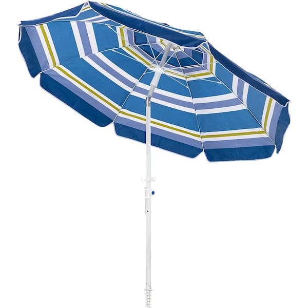 Dyiom 7.5 ft. Beach Umbrella with Sand Anchor and Tilt Mechanism in Portable UV 50+ Protection in Blue-Green Stripes
