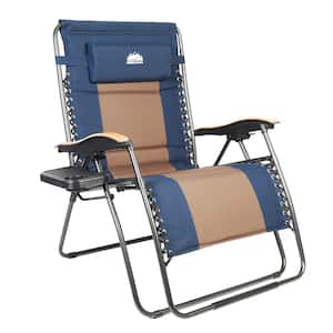 28" Steel Frame Outdoor Oversized Zero Gravity Chair with Navy Blue & Brown Cushion