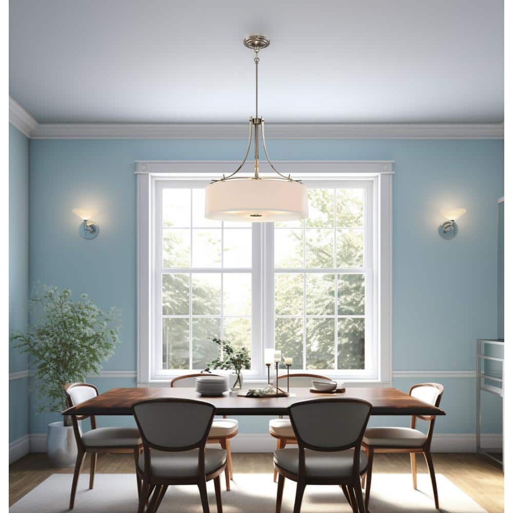 Brushed Nickel 3-Light Pendant with White Linen Drum Shade