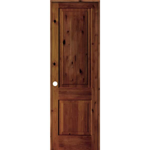 Krosswood Doors 30 in. x 96 in. Rustic Knotty Alder 2 Panel Right Hand Red Chestnut Stain Wood Single Prehung Interior Door w/Square Top