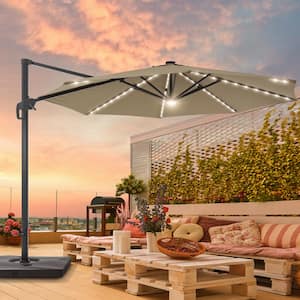 11 ft. Patio Cantilever LED Offset Umbrella With a Base, Round Canopy With Aluminum Frame and Sunbrella Fabric in Sand