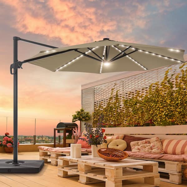 Sonkuki 11 ft. Patio Cantilever LED Offset Umbrella With a Base, Round Canopy With Aluminum Frame and Sunbrella Fabric in Sand