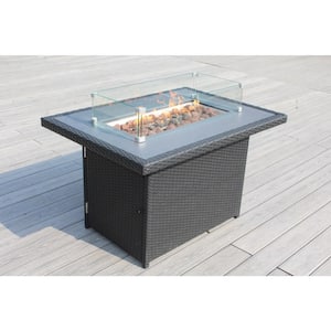 Ohana Black Rectangular Wicker 42 in. Fire Pit Table with Lid Lava Rocks and Glass Wind Guard