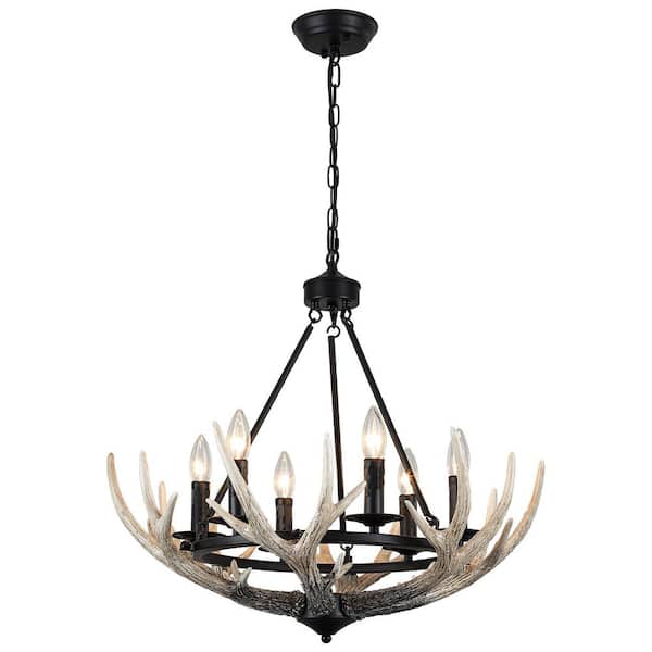 23.62 in. 6-Light Matte Black Pendant Antler Design Chandelier with Resin Shade and No Bulbs Included For Living Room