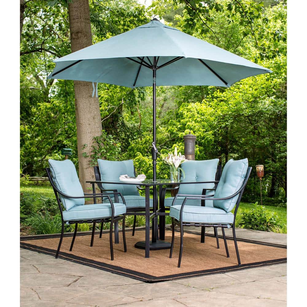 Hanover Lavallette Black Steel 5-Piece Outdoor Dining Set with Umbrella, Base and Ocean Blue Cushions -  LAVDN5PC-BLU-SU