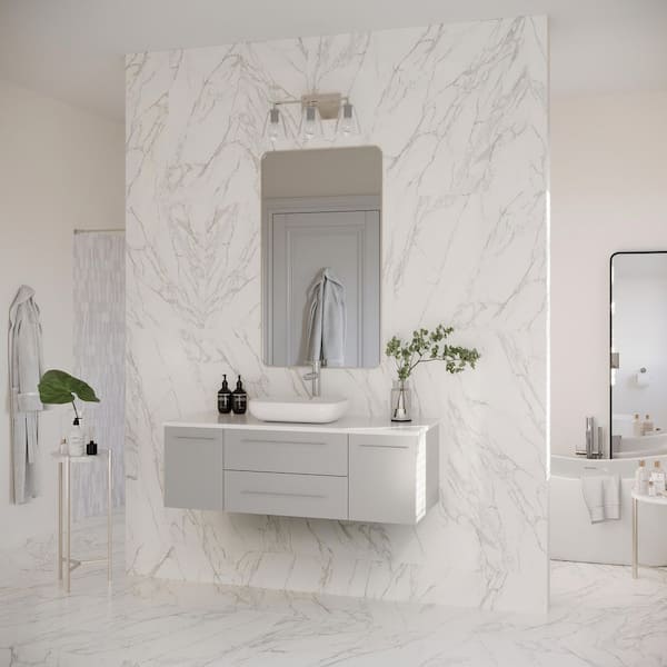 Lucera 48 in. Single Sink Wall Mount Floating Gray Bath Vanity with White Quartz Top and Vessel Ceramic Sink