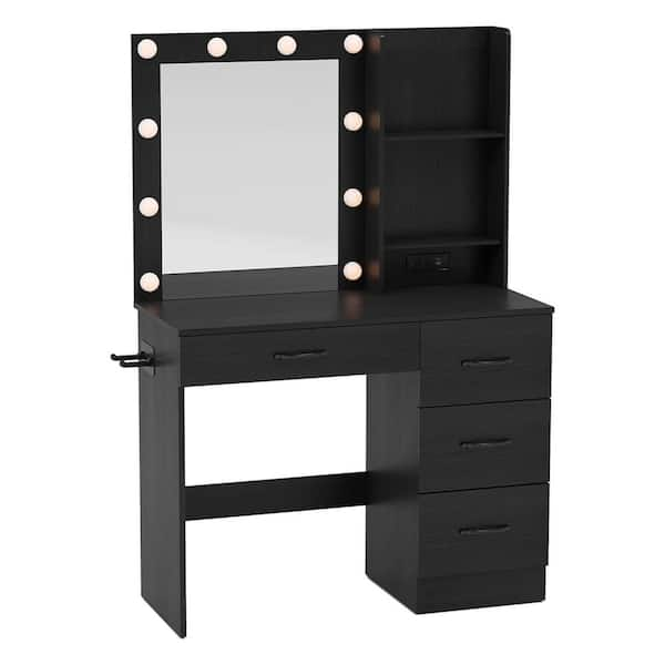 2-Piece Black Makeup Vanity Desk with Mirror and Lights Charging Station 3-Color LED Lights