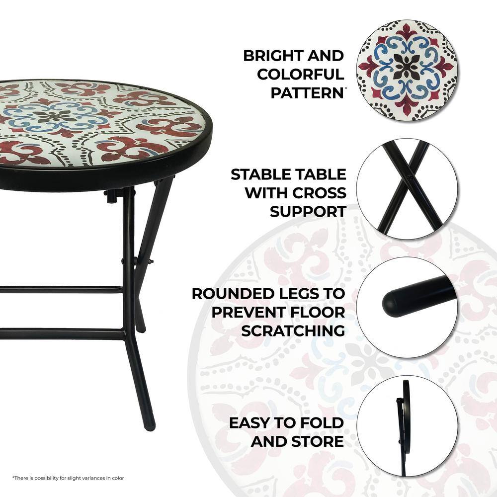 18" Black Steel Foldable Table with Mosaic Glass Top