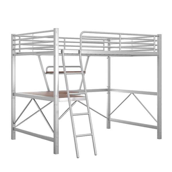 Full Size Loft Metal and MDF Bed with Desk and Shelf, Silver