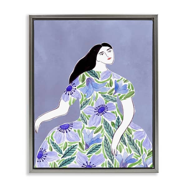 Stupell Industries Woman in Blue Floral Gown by Melissa Wang Gray Floater Frame People Graphic Art Print 21 in. x 17 in.