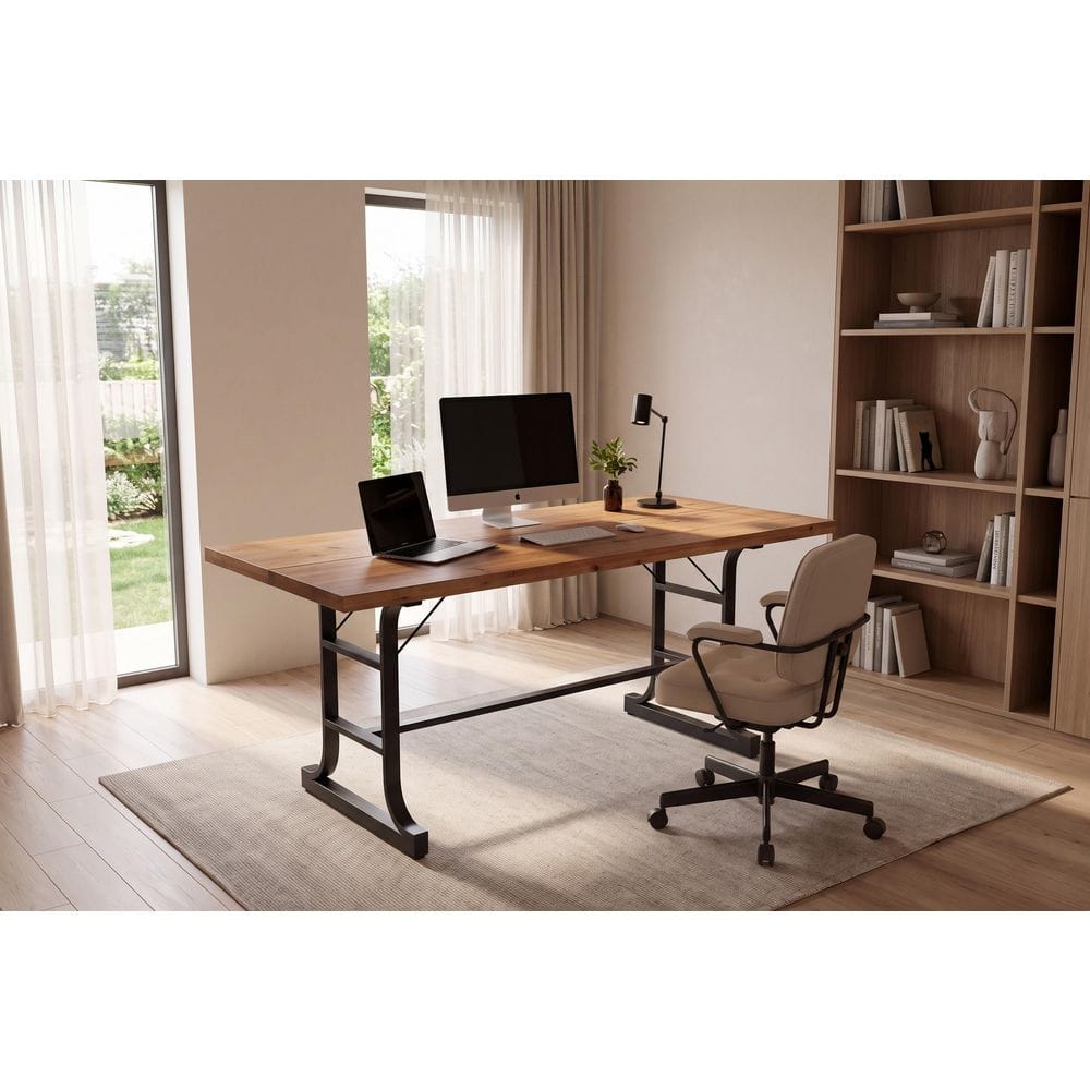 Office desk with computer and chair in a modern room.