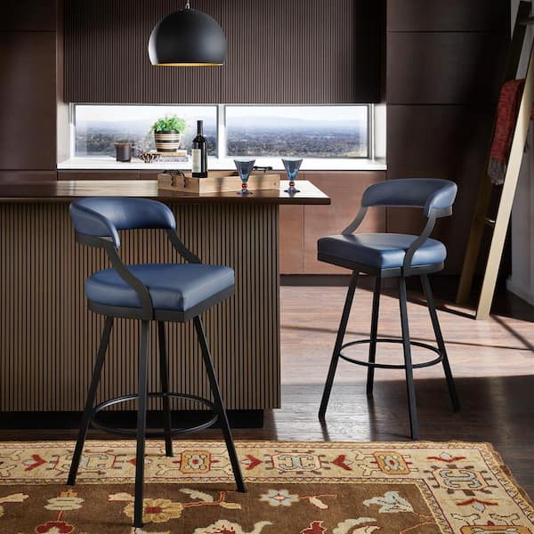HomeSullivan 31 in. Blue Vegan Leather Black Finish Metal Frame Swivel Chair (Set of 2)