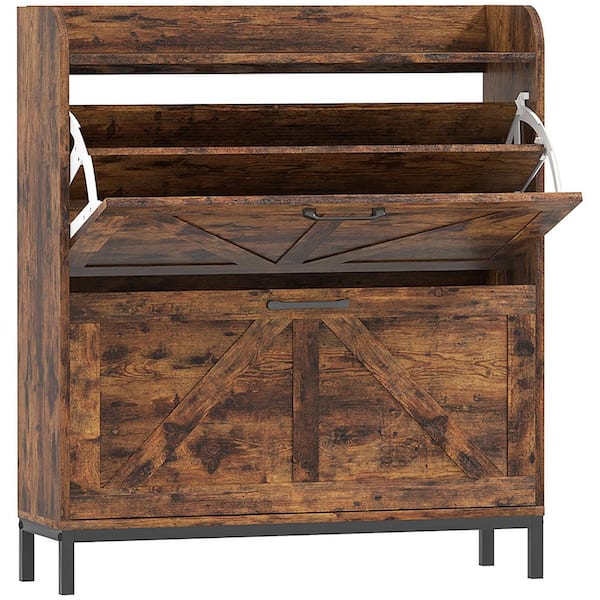 Shoe Storage Cabinet with 2-Flip Drawers, Legs, Farmhouse Freestanding Narrow Shoe Cabinet, Slim Hidden Rack