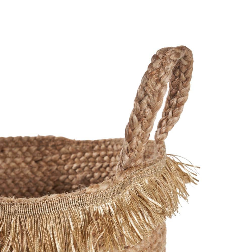 Braided Jute Round Storage Basket with Fringe Detail (17"x15")