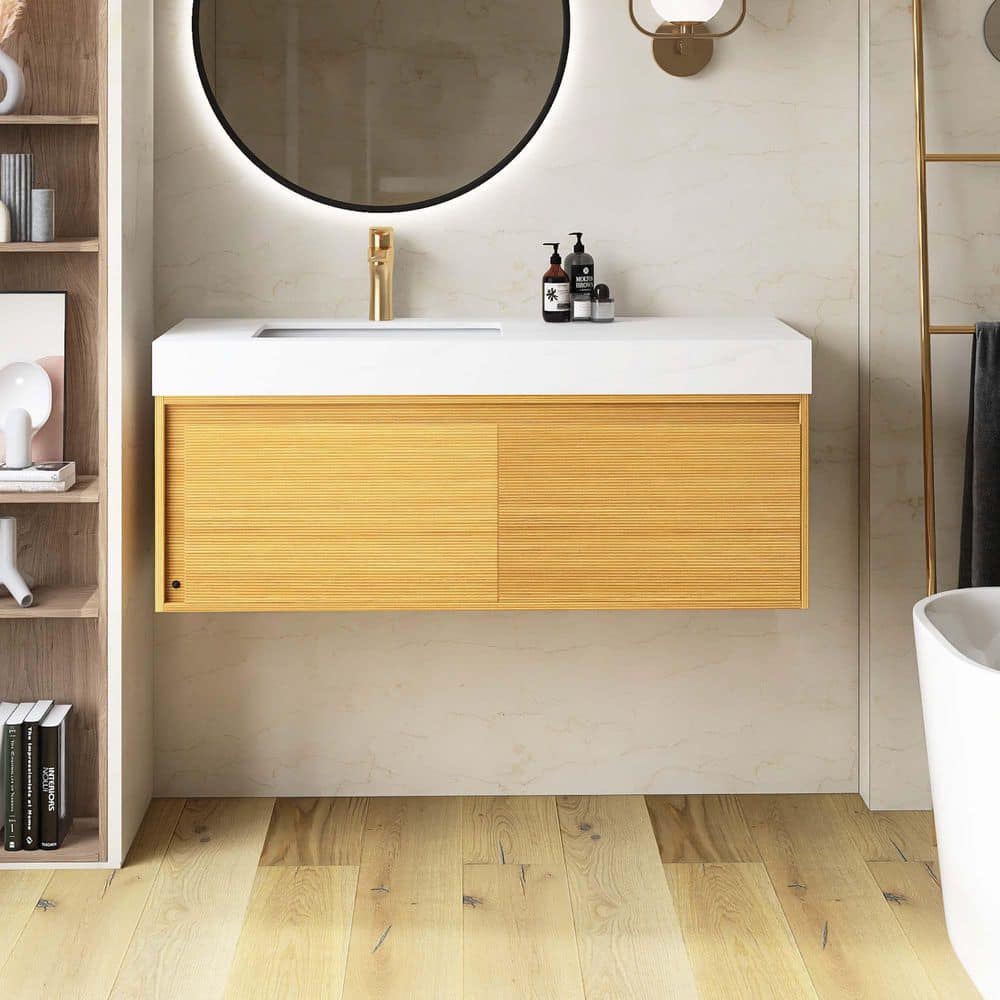 Yingze 48 in. Wall-Mounted Single Sink Light Oak Bath Vanity with White ...