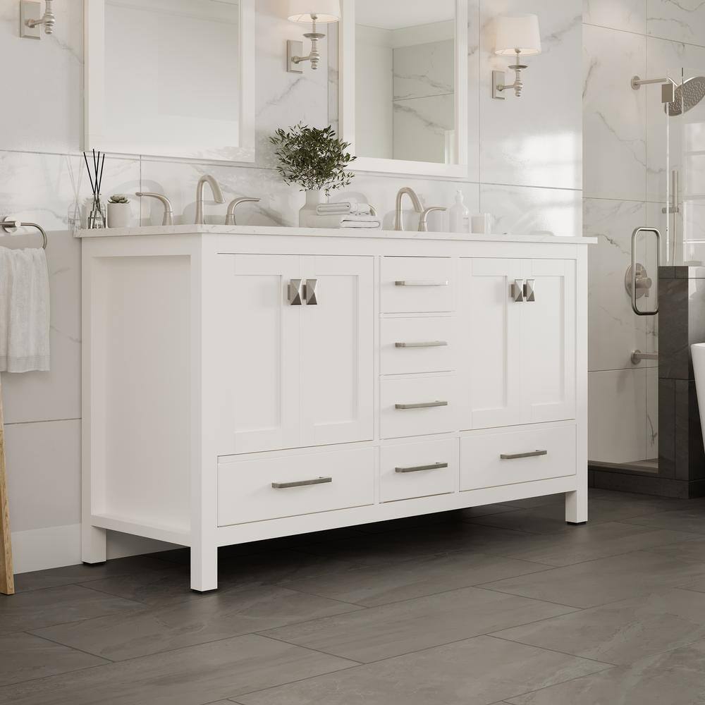 Aberdeen White Double Sink Bathroom Vanity with Carrara Quartz Top
