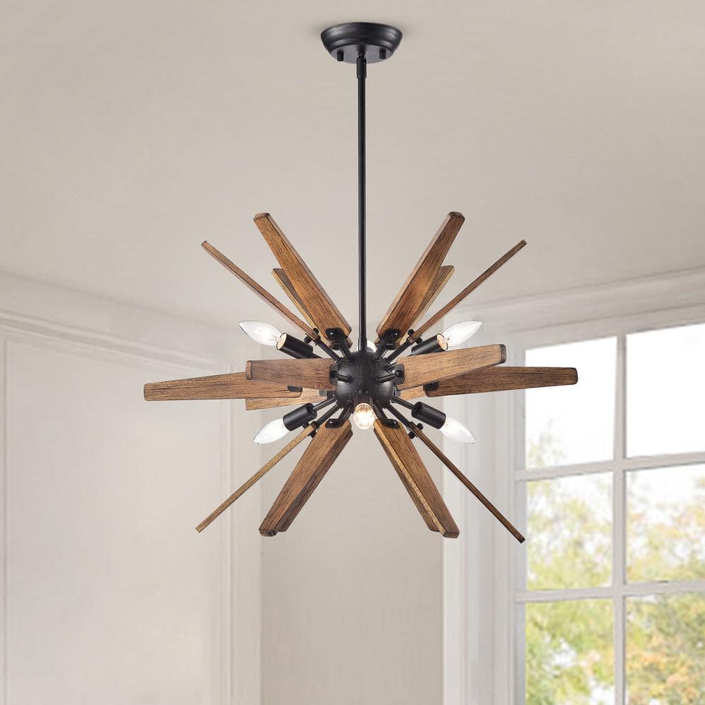 Bernice Antique Black and Natural Wood 26" Sputnik Chandelier
