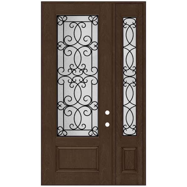 Steves & Sons Regency 51 in. x 96 in. 3/4Lite Georgian Decorative Glass RHOS Hickory Mahogany Fiberglass Prehung Front Door w/12 in.SL