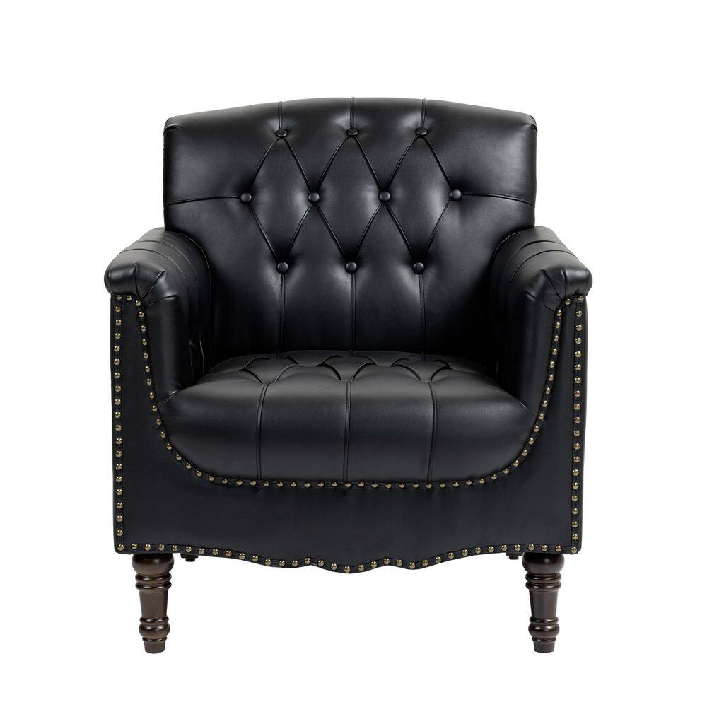 Uixe Mid-Century Black Faux Leather Button Tufted Accent Arm Chair
