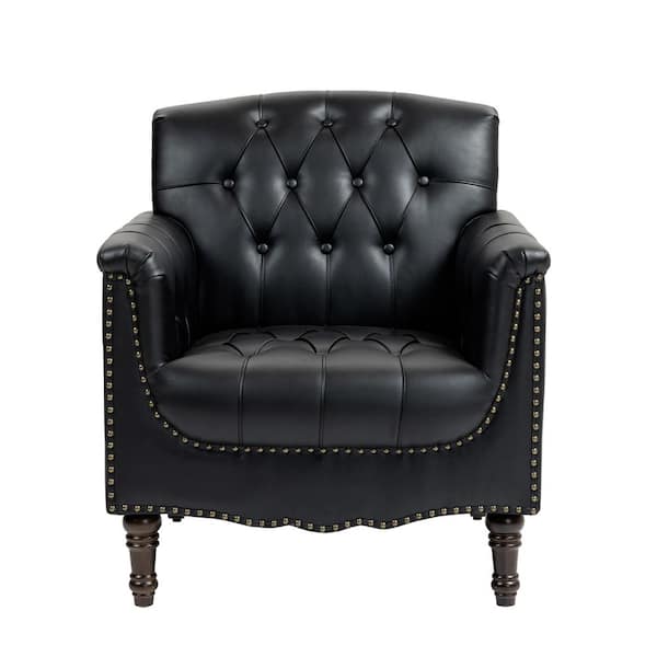 Mid-Century Black Faux Leather Button Tufted Accent Arm Chair with Wood Legs (Set of 1)
