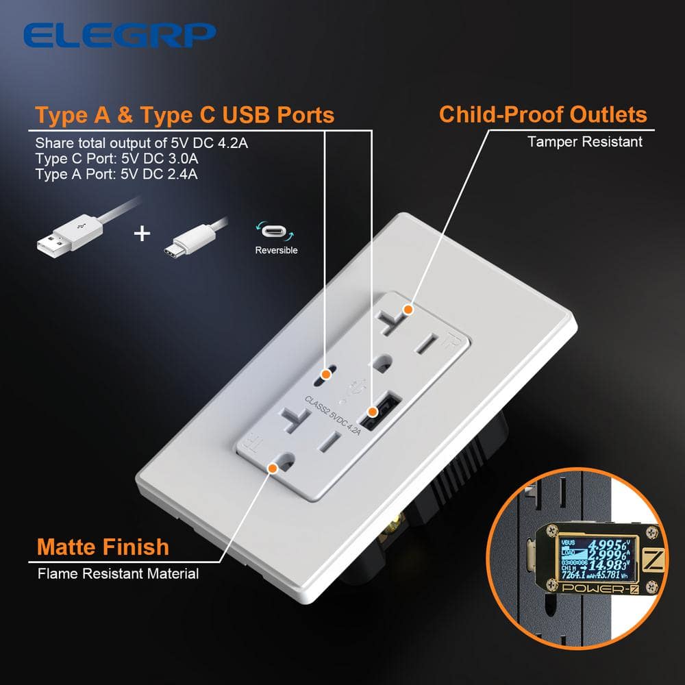 White 21W USB Wall Outlet with Type A and Type C Ports