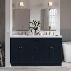 Hamlet 60.25 in. W x 22 in. D x 36 in. H Double Sink Freestanding Bath Vanity in Midnight Blue with Carrara Quartz Top