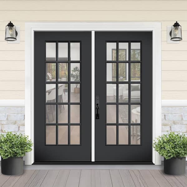 Reliant 64 in. x 80 in. FullLite 15L-SDL Clear Glass RHIS Black Finish Fiberglass Double Prehung Front Door w/4in. Jamb