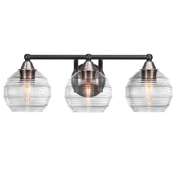 Unbranded Madison 8 in. 3-Light Bath Bar, Matte Black and Brushed Nickel, Clear Ribbed Glass Vanity Light