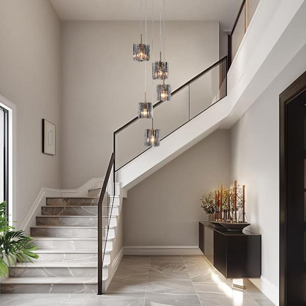 Echonalyri Modern 5-Light Matte Black and Plating Brass Chandelier with Glam Geometric Gray Textured Glass Shades