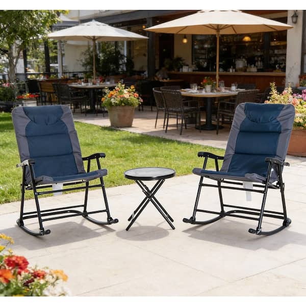 3-Piece Metal Outdoor Bistro Set with 2 Folding Padded Rocking Chairs ...