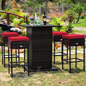 5-Piece Wicker Outdoor Serving Bar Set Patio Rattan Bar Table Stool Set with Red Cushions and Hidden Storage Shelf