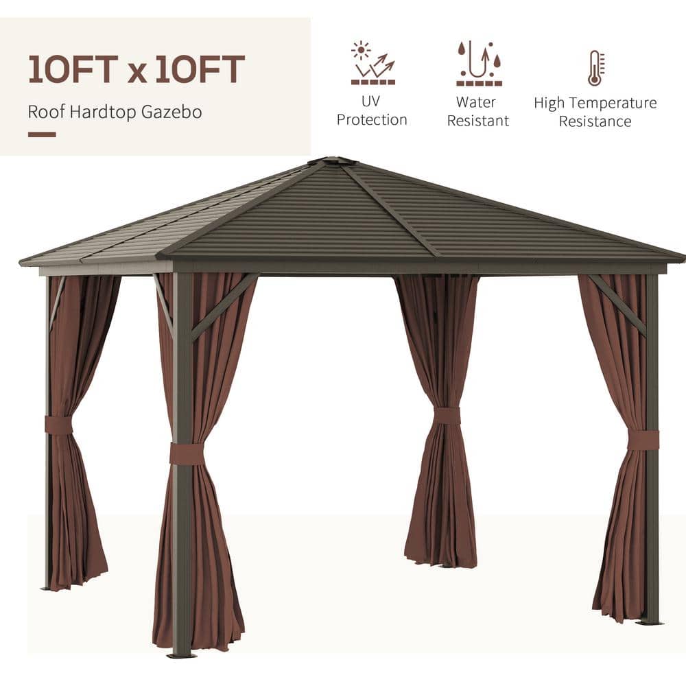 Outsunny 10x10 Dark Brown Aluminum and Steel Hardtop Gazebo with Curtains