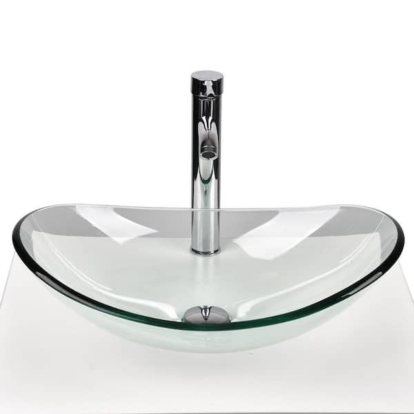 cadeninc Clear Tempered Glass Oval Vessel Sink with Faucet Pop-Up Drain Combo