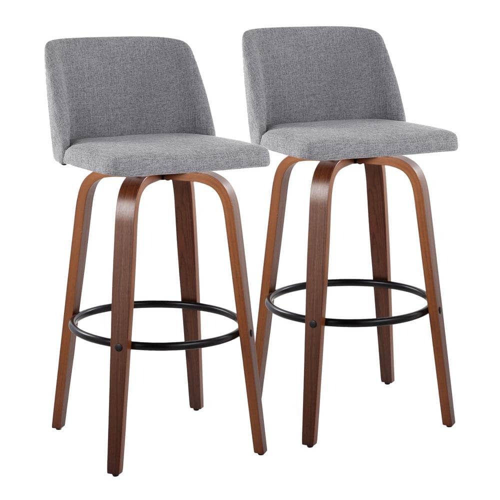 Gray and Walnut Wood Swivel Barstools with Metal Footrest, Set of 2