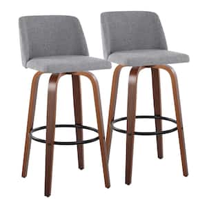 Toriano 29.5 in. Grey Fabric, Walnut Wood and Black Metal Fixed-Height Bar Stool (Set of 2)