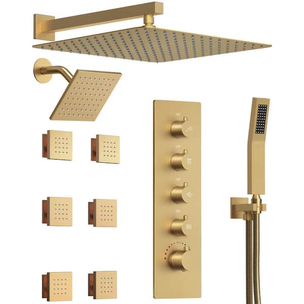 Wall Mount 16 in. and 6 in. 15-Spray Dual Fixed and Handheld Shower Head with Body Jets 2.5 GPM in Brushed Gold