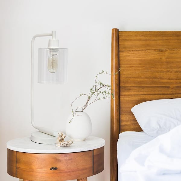 19 in. Bronson Antique Style White Industrial Iron Lantern Desk Lamp with Glass Shade